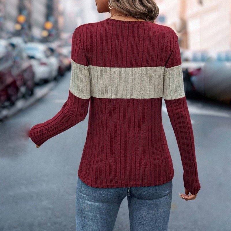 Women's Elegant Color-Block Round Neck Top - Basic Solid Color Contrast Casual Shirt For Fall&Winter - Image 9