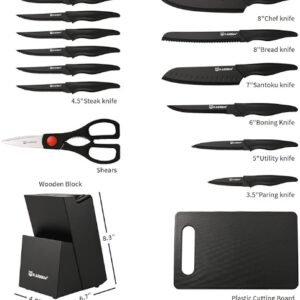 16 Pieces Kitchen Knife Block Set With Cutting Board, German Stainless Steel Knife Set With Sharpener, Dishwasher Safe, Anti-Slip Handle, 6 Steak Knives, Black
