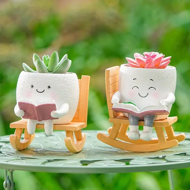 2 Pieces Of Cute Character Reading Rocking Chair Resin Flower Pots Indoor And Outdoor Plant Decoration Vase Home Flower Gift - Image 8