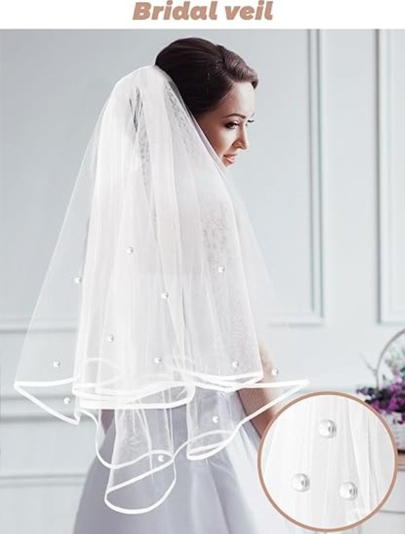 Bridal Veil Wedding Veil Weights Short 2 Tier Veil And 12 Pairs Veil Weights Magnetic Double Sided Artificial Pearls Silver Button For Bachelorette Party Bridal Shower Veil First Communion Clearance - Image 4
