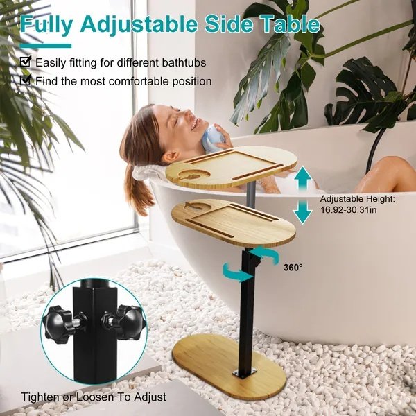 C-Shaped Bathtub Tray Table With Adjustable Height 360 Rotatable Desktop Freestanding Bath Caddy Against Wall Couch Bed Sofa Side Table - Image 2