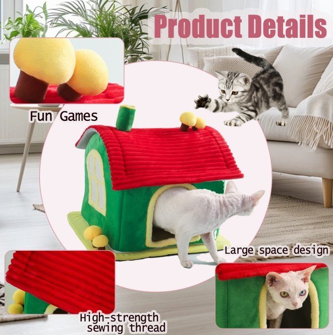 Cat Bed Indoor Enclosed Warm Cave - Cat Bed With Removable Cleaning Mat, Ample Interior Space, Comfortable And Soft Pet House, Red And Green Colors, Cute And Friendly Indoor Cat Bed, Universal Cat Bed - Image 5