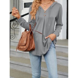 Women's Long Sleeve Hooded Tunic Tops Button Swing Pullover Hoodie Sweatshirts
