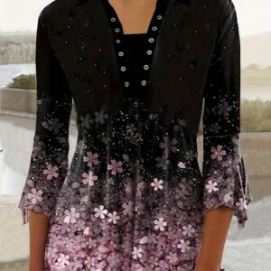 Spring And Autumn New Printed Lapel Three-quarter Sleeve T-shirt Irregular Cuff Button Top