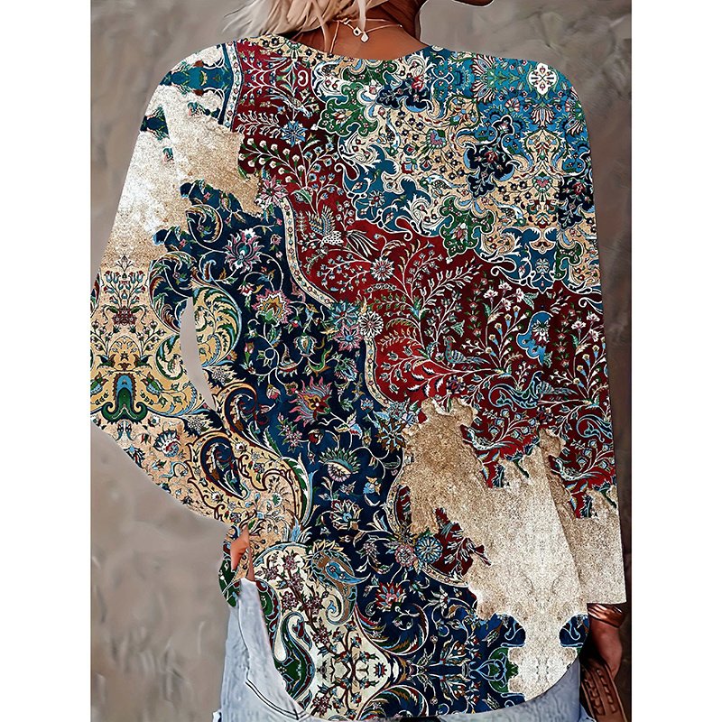 Women's Floral Print Long Sleeve Shirt Casual Round Tunic Blouse Top - Image 3