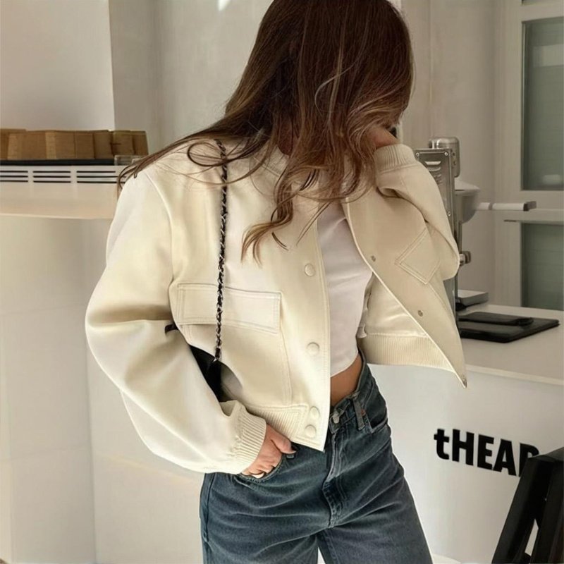 Women's Solid Color Long Sleeve Baseball Jacket With Button Front & Pockets - Casual Short Jacket For Spring&Fall - Image 2