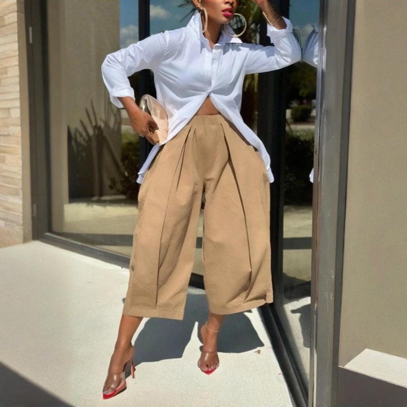 Women's Solid Color Cotton Wide Leg Cropped Pants With Pleats & Pockets - Spring Summer Fashion Comfortable Loose Trousers - Image 2