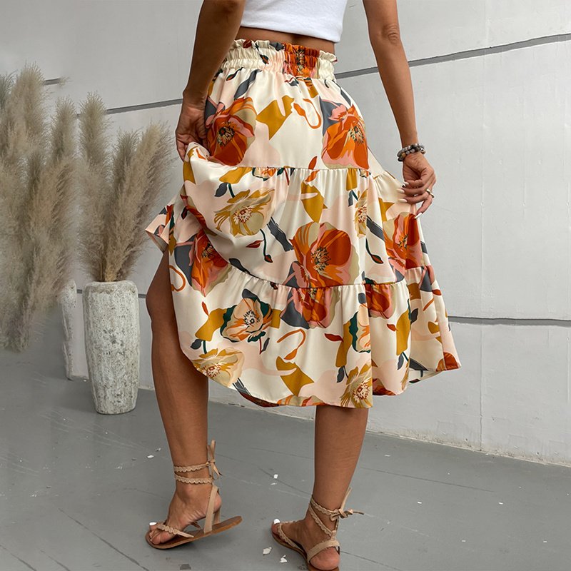 Women's Floral Tiered Midi Skirt Elastic Waist Dressy Casual A-line Flowy Boho Skirts - Image 8