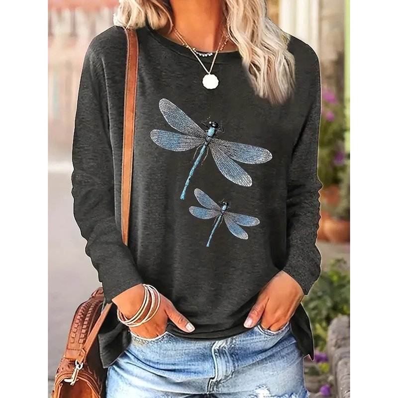 Women's Dragonfly Print Crew Neck T-Shirt, Casual Long Sleeve Top For Spring & Fall - Image 3