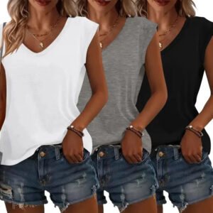 3-Pack Women's Cap Sleeve V-Neck Tank Tops Casual Loose Fit Basic Tees