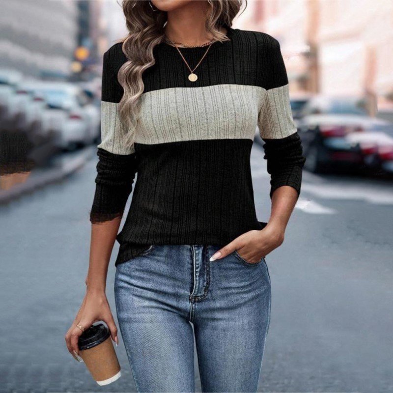 Women's Elegant Color-Block Round Neck Top - Basic Solid Color Contrast Casual Shirt For Fall&Winter - Image 3