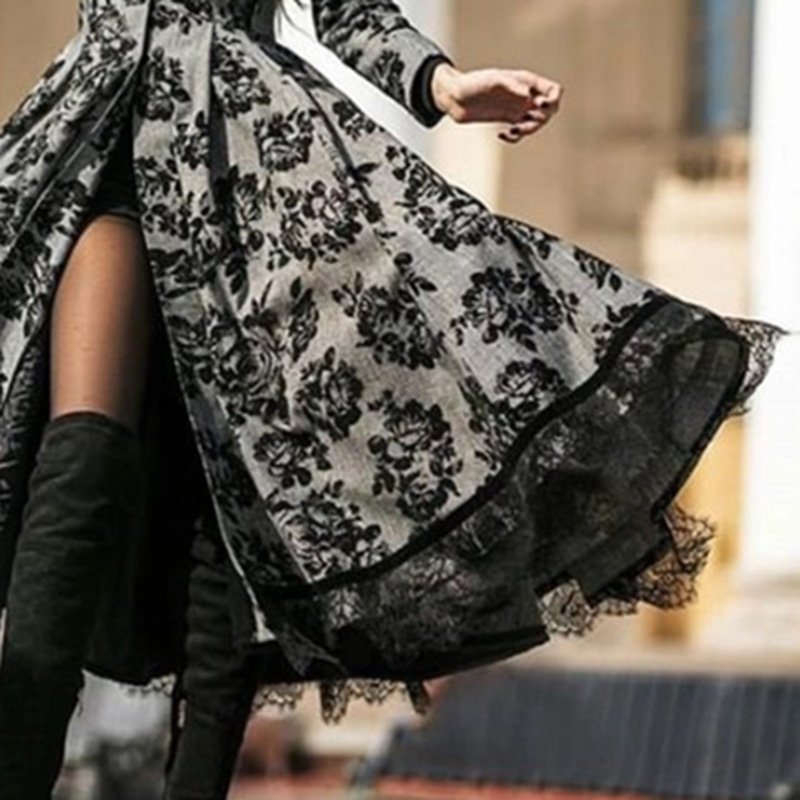 Women's Autumn Winter Long Sleeve Lace Trim Floral Print Vintage Long Trench Coat - Image 4