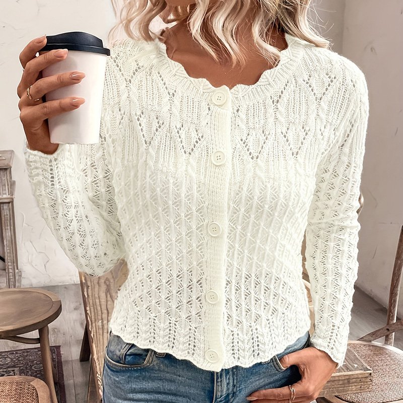 Women's Solid Color Elegant Round Neck Cardigan Top - Button Front Openwork Knit Top For Spring&Summer - Image 3