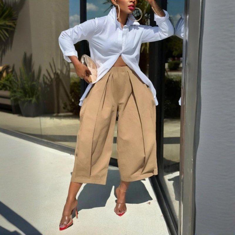 Women's Solid Color Cotton Wide Leg Cropped Pants With Pleats & Pockets - Spring Summer Fashion Comfortable Loose Trousers - Image 3