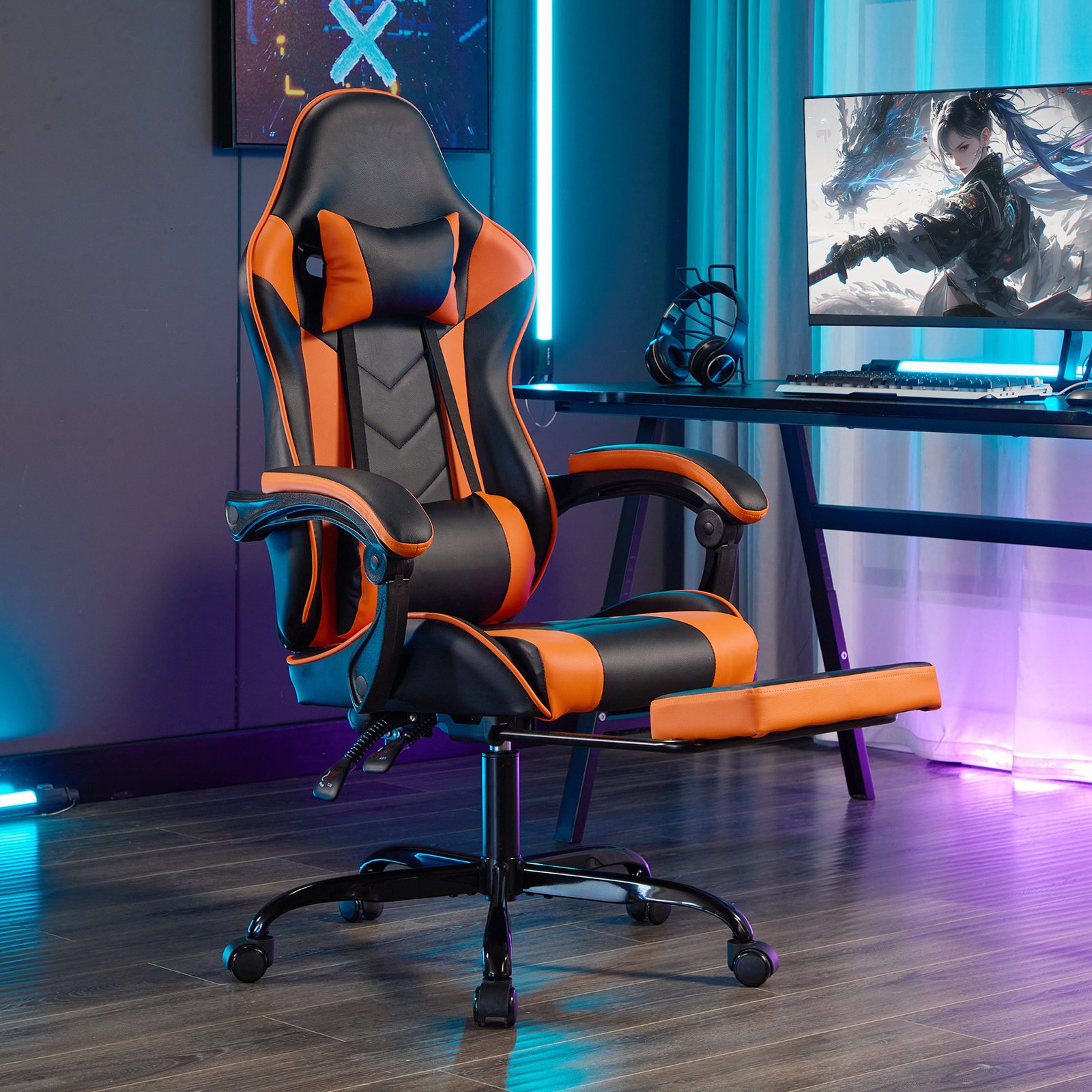 Gaming Chair With Footrest, Ergonomic Computer Chair With Headrest And Lumbar Support, Breathable Material Height Adjustable Video Game Chairs For Adults, Black Orange - Image 6