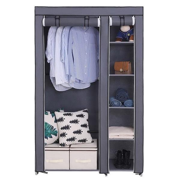 Portable Clothes Closet Wardrobe With Non-woven Fabric And Hanging Rod Quick And Easy To Assemble Gray - Image 2
