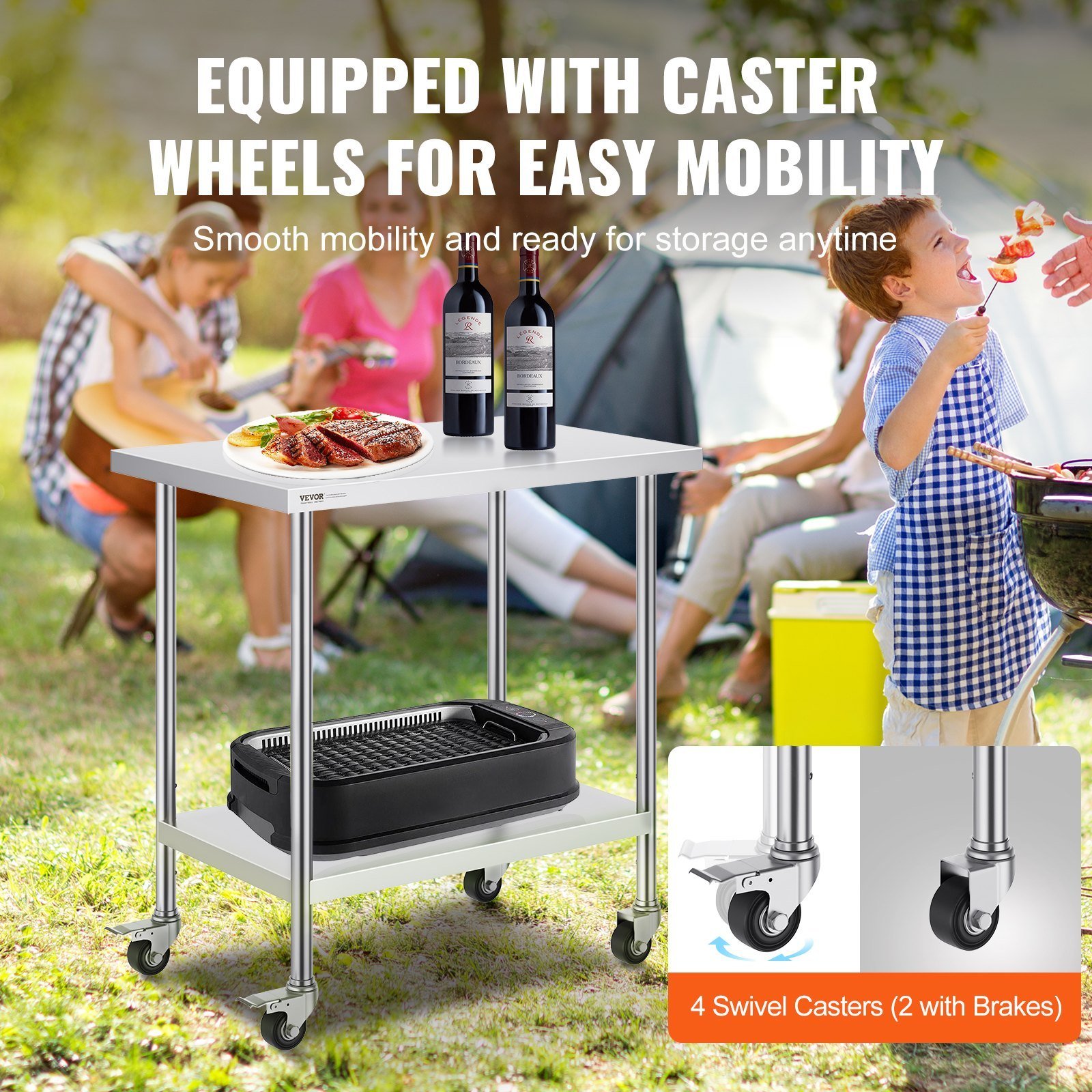 Stainless Steel Work Table 24 X 36 X 38 Inch, With 4 Wheels, 3 Adjustable Height Levels, Heavy Duty Food Prep Worktable For Commercial Kitchen Restaurant, Silver - Image 4