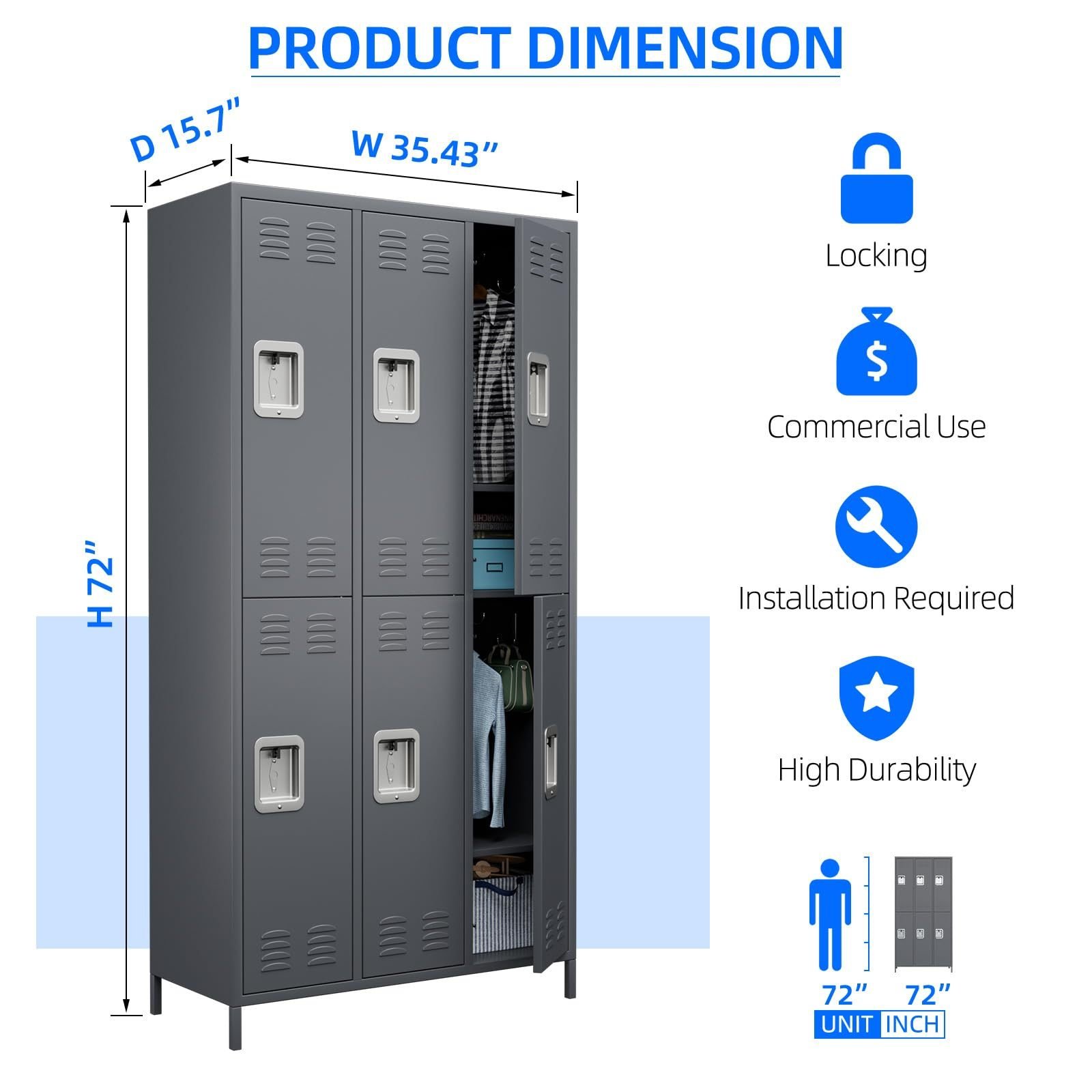 6 Doors Metal Lockers For Employees With Lock, Metal Locker With 18 Hooks For School Garage Office Gym Home,Assembly Required,Dark Grey - Image 2