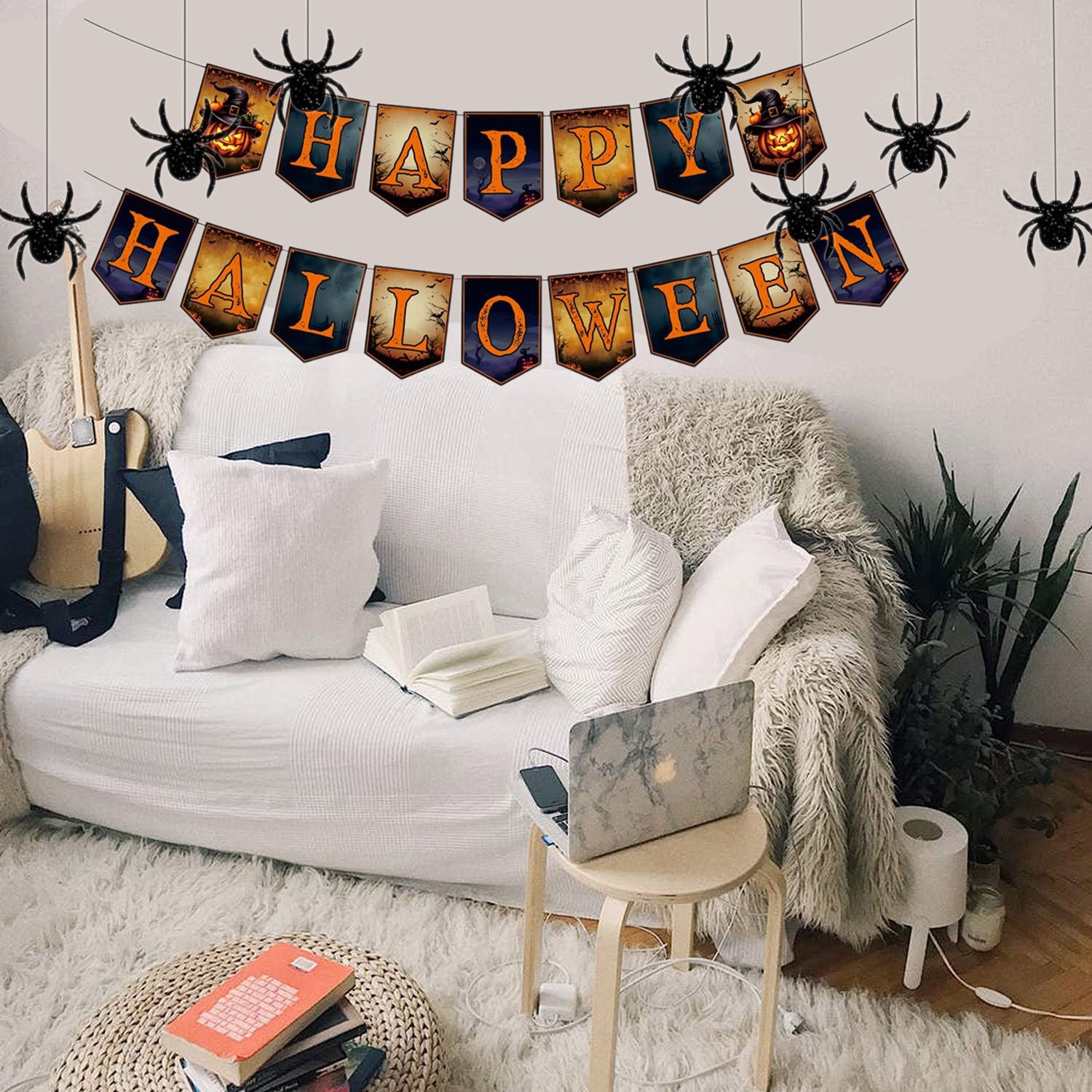 2 Packs Happy Halloween Banner Spider Ornament With Black Rope Trick Or Treat Banner Bunting Flag For Halloween Trick Or Treat Theme Party For Fireplace Wall Decorations Supplies - Image 7