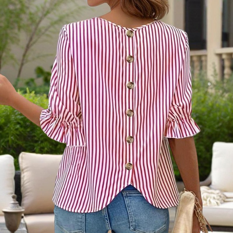 Women's Solid Color Casual Back Button Shirt - Round Neck Striped Summer Top, Breathable Blouse For Relaxed Wear - Image 7