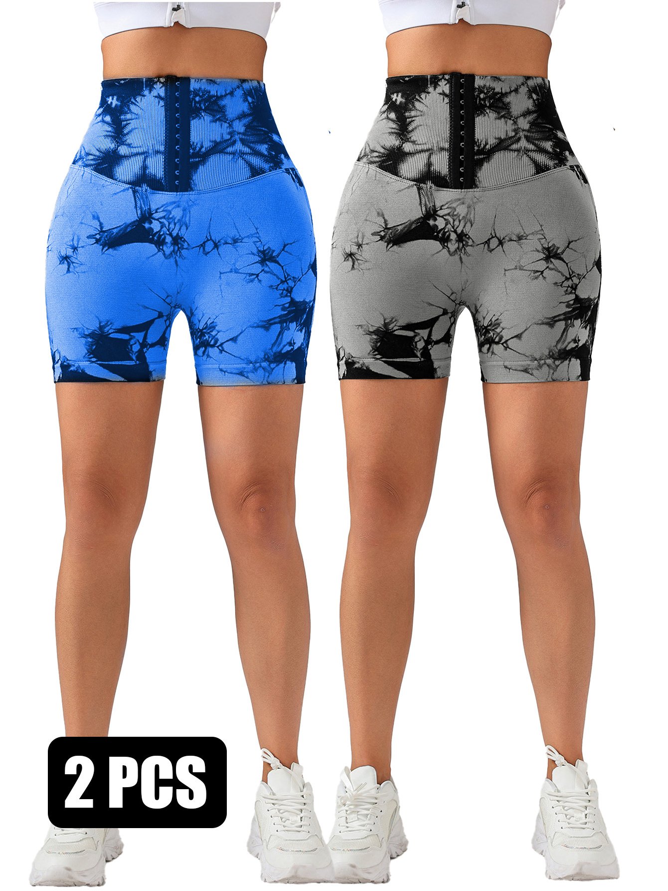 2 Pack 3-ROW HOOK Seamless Sexy Tie Dye Shorts Scrunch Butt Lifting Tummy Control High Waist Quick Drying Sports Yoga Shorts - Image 3