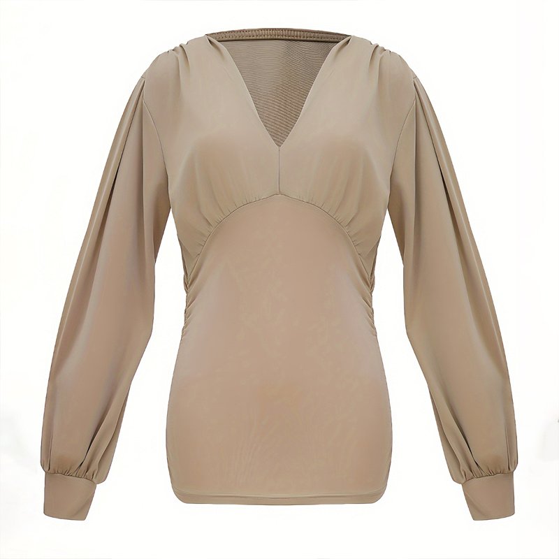 Women's Elegant Solid Color Deep V-Neck Long Sleeve Top With Draped Detail - Casual Pullover Blouse For Spring&Fall - Image 8