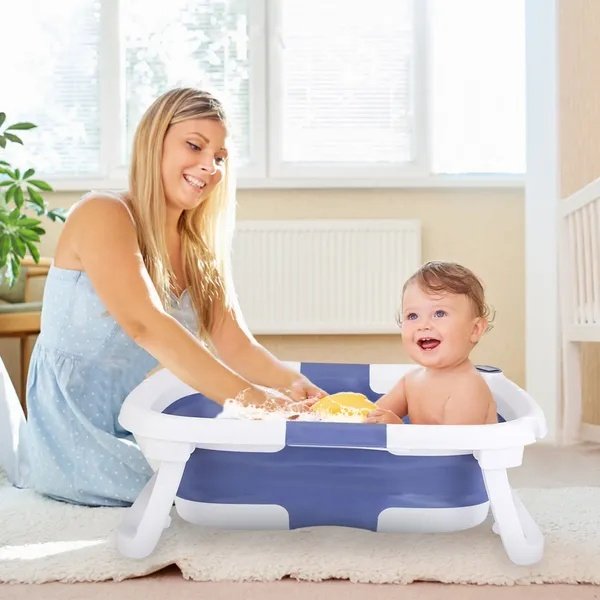 Baby Bath Tub With Thermometer Collapsible Travel-Friendly 0-24Months Baby Bathtub