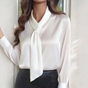 Women's Ribbon Detail Blouse, Lightweight Business Casual Shirt, Elegant Long Sleeve Office Work Top