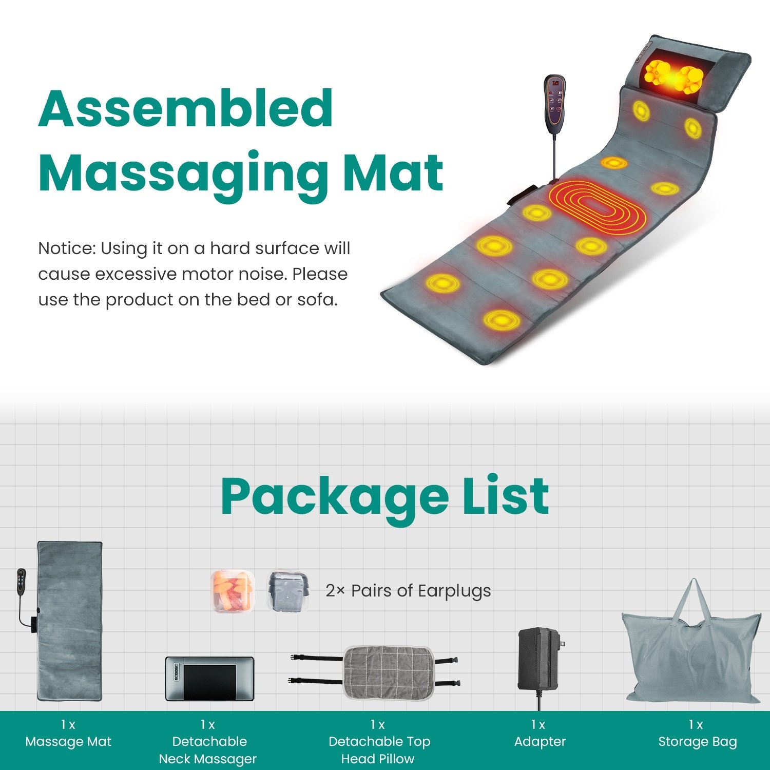 Advanced Type Full Body Electric Massage Mat With Heat Vibration Massage Pad Cushion Back Massage Mattress Chair Pad With Neck Massage Pillow With 10 Vibration Motors Timer Anti-Slip Bottom Earplugs - Image 8