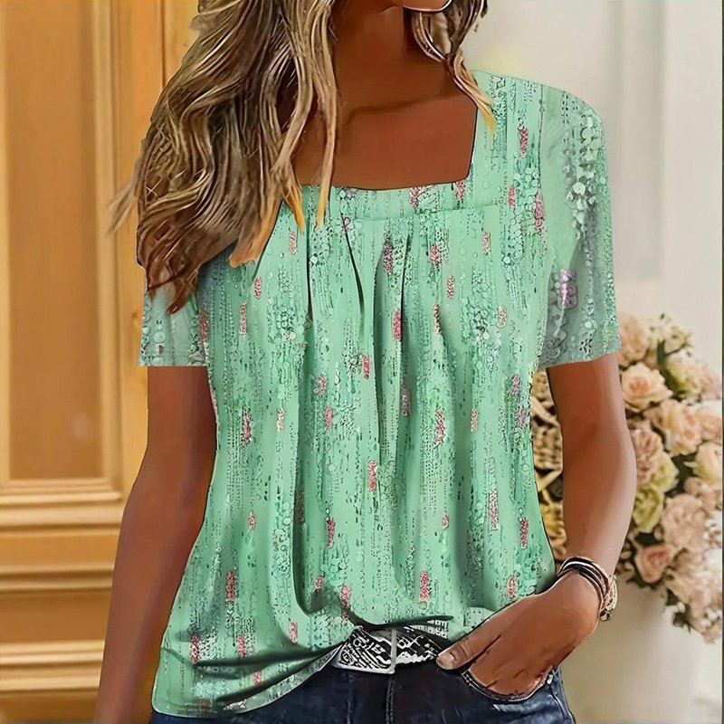 Women's Casual Square Neck Glitter T-Shirt - Sparkling Short Sleeve Top With Printed Design, Vibrant Spring&Summer Fashion Tee - Image 4