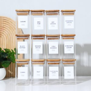 12 Pcs Square Spice Jars With 72 Stickers, Kitchen Pepper Jars For Salt Seasoning, Snacks, Tea, Coffee