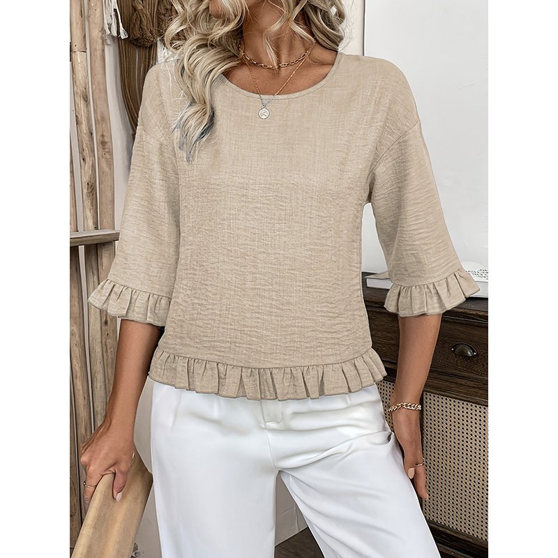 Womens 3 4 Length Sleeve Tops Loose Fit Casual Crew Neck Shirts Ruffle Tunic Blouses - Image 6