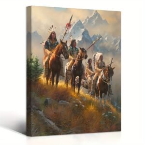 A Canvas Painting With A Wooden Frame That Can Be Hung Directly, Featuring A Native American Warrior On Horseback. It Is Suitable As A Decoration For Bachelor Parties, Vintage Landscape Art, Framed Wa