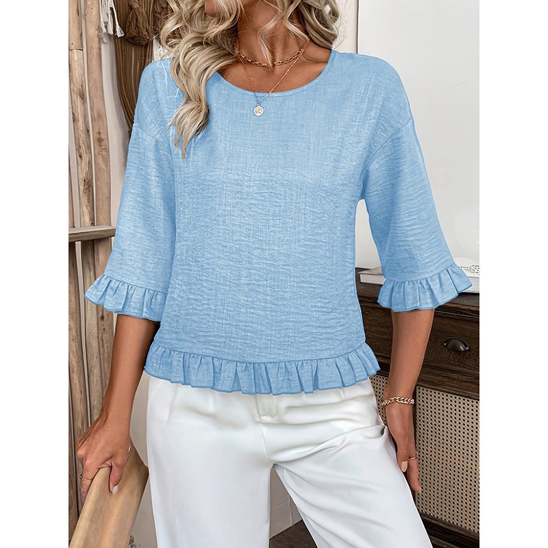 Womens 3 4 Length Sleeve Tops Loose Fit Casual Crew Neck Shirts Ruffle Tunic Blouses - Image 2