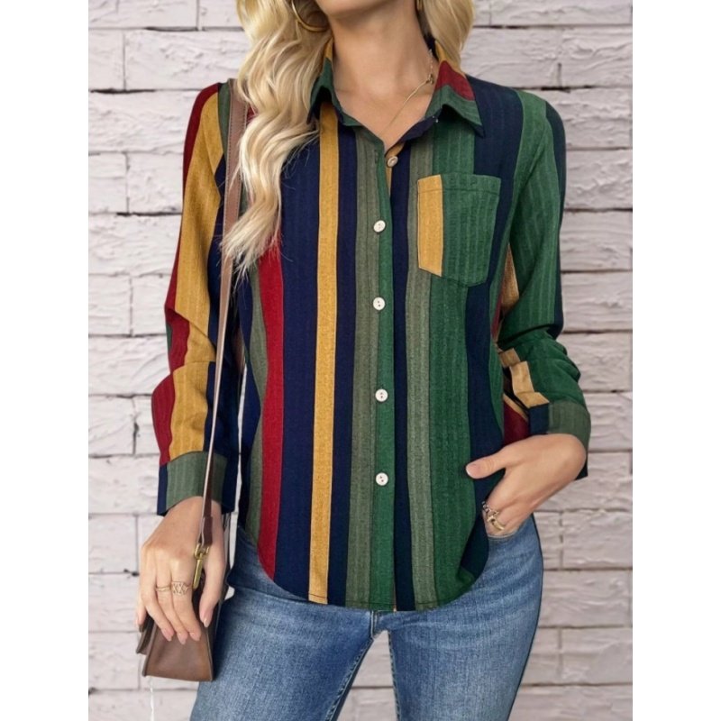 Womens Contrast Color Button Down Collared Shirt Casual Long Sleeve Business Office Work Blouses Tops - Image 2