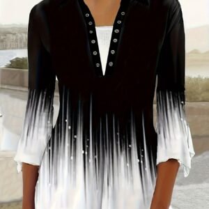 Spring And Autumn New Printed Lapel Three-quarter Sleeve T-shirt Irregular Cuff Button Top