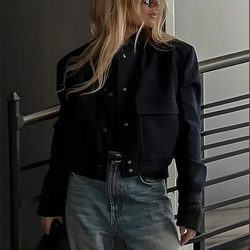 Women's Solid Color Long Sleeve Baseball Jacket With Button Front & Pockets - Casual Short Jacket For Spring&Fall - Image 8