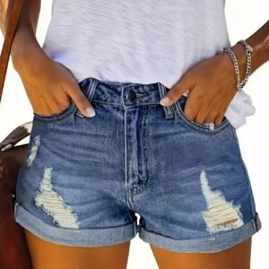 Womens Mid-High Rise Ripped Jean Shorts Distressed Stretchy Denim Shorts