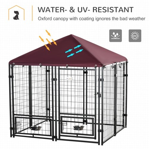 Outdoor Kennel With Rotating Bowl Rack, Walk-in Pet Playpen, Welded Wire Steel Dog Pen, With Waterproof And UV Resistant Awning - Image 2