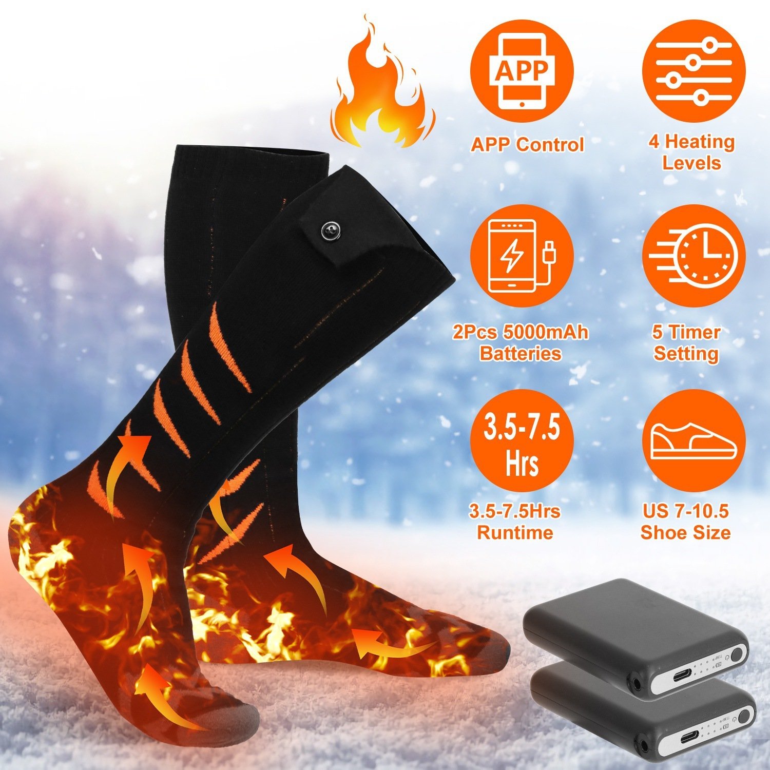 2 Types Options -- 1 Pair Of Heated Socks For Men Women Electric Heating Socks With APP Control 5000mAh Battery Rechargeable Thermal Socks Winter Warm Socks For Skiing Hiking Camping Hunting