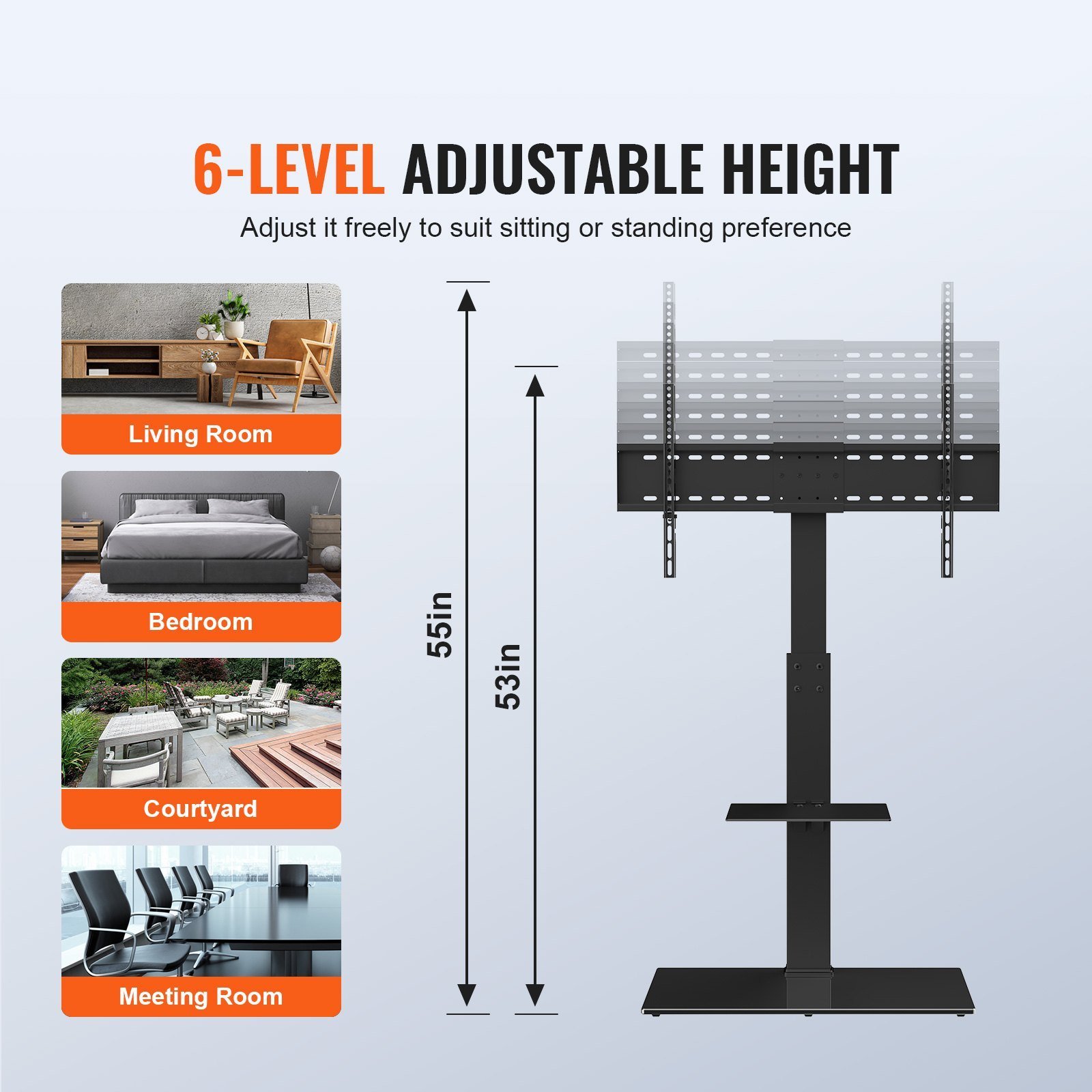 TV Stand Mount, Swivel Tall TV Stand For 32 To 85 Inch TVs, Height Adjustable Portable Floor TV Stand With Tempered Glass Base For Bedroom, Living Room - Image 3