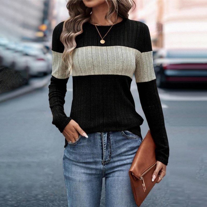 Women's Elegant Color-Block Round Neck Top - Basic Solid Color Contrast Casual Shirt For Fall&Winter - Image 4