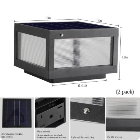 12 Black Solar Powered LED Post Cap Light, Modern Outdoor LED Fence Light For Pathways, Decks, And Patios 2-Pack