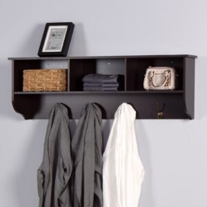 Espresso Wall Mounted Coat Rack With 4 Dual Hooks & Storage Shelf For Entryway