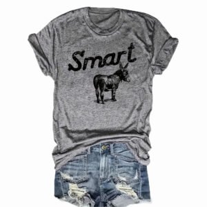 Women's Round Neck Short Sleeve T-Shirt - Donkey & 'SMART' Letter Print Casual Summer Top