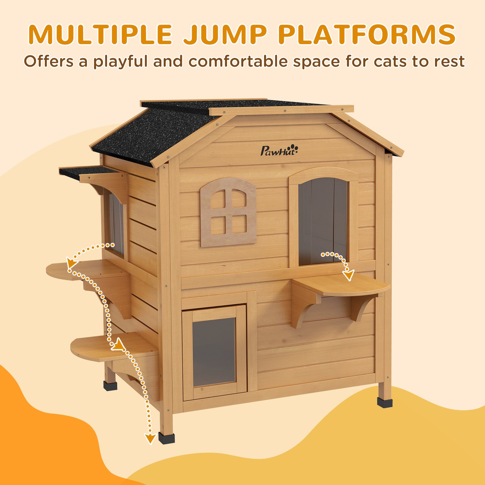 2-Story Wooden Outdoor Cat House Feral Shelter With Escape Door Asphalt Roof 4 Platforms Natural - Image 5