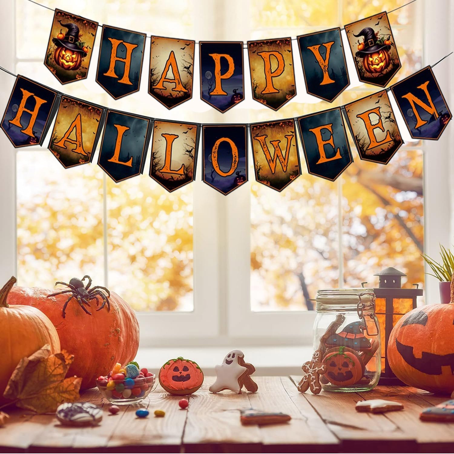 2 Packs Happy Halloween Banner Spider Ornament With Black Rope Trick Or Treat Banner Bunting Flag For Halloween Trick Or Treat Theme Party For Fireplace Wall Decorations Supplies - Image 5