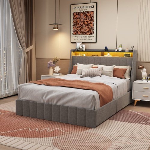 Queen Size Bed Frame With LED, 4 Under-bed Portable Storage Drawers, Wings Headboard Design - Image 2