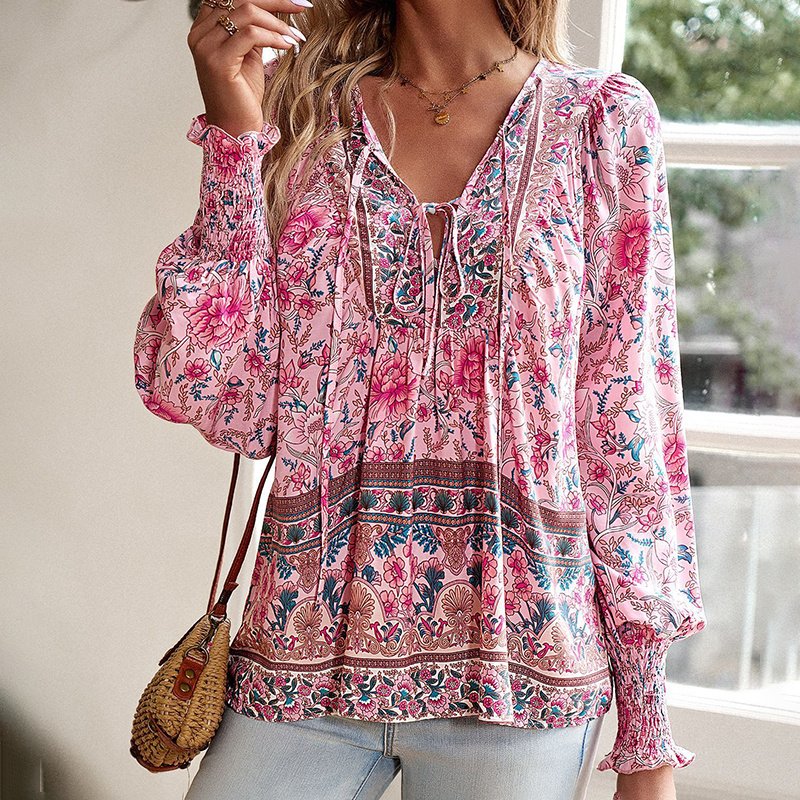 Wpmens Boho Chic Long Sleeve Blouse Floral Print V-Neck Top With Lace-Up & Drawstring Detail Elegant Vacation Shirt - Image 2