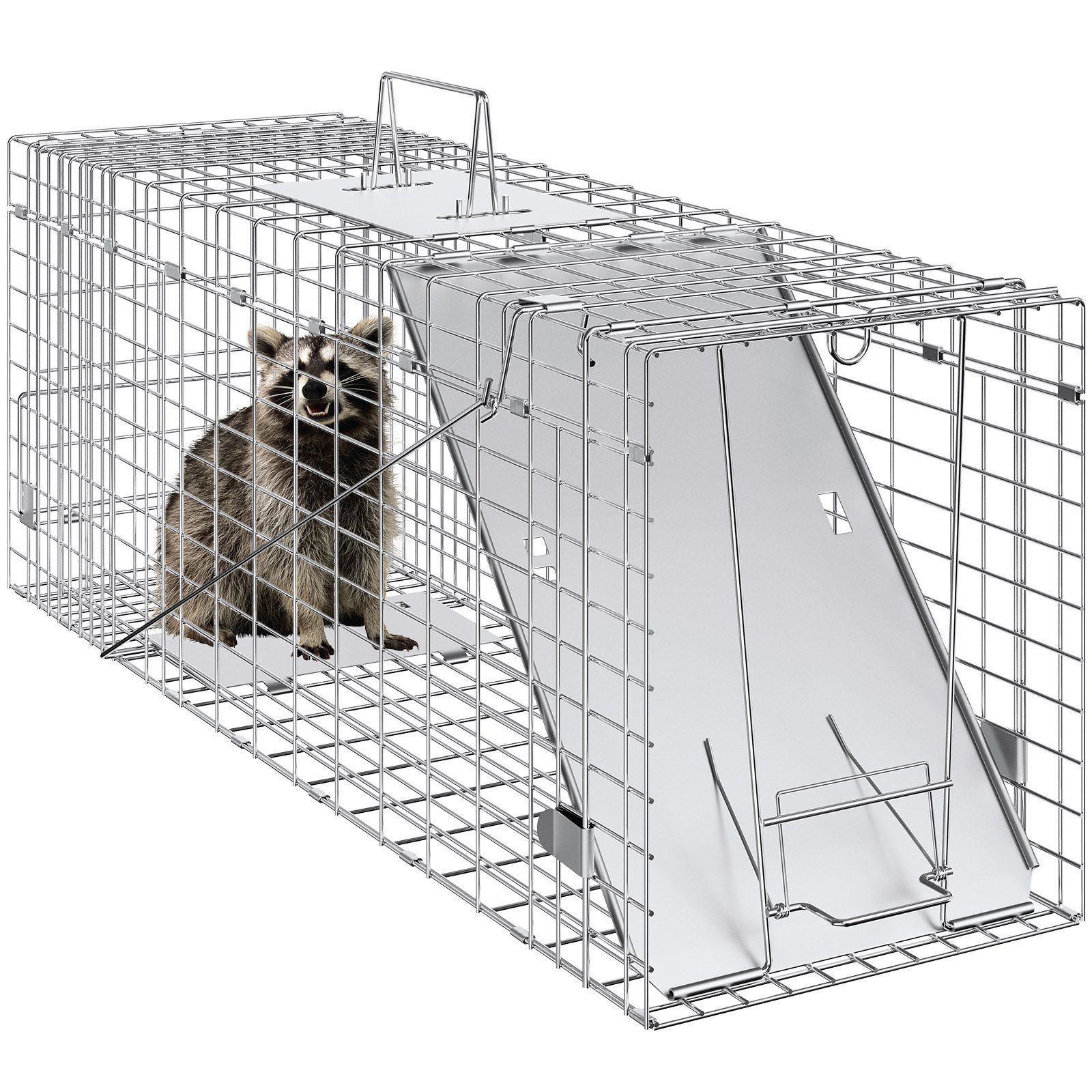 Live Animal Cage Trap, 31" X 10" X 12" Humane Cat Trap Galvanized Iron, Folding Animal Trap With Handle For Rabbits, Stray Cats, Squirrels, Raccoons, Groundhogs And Opossums